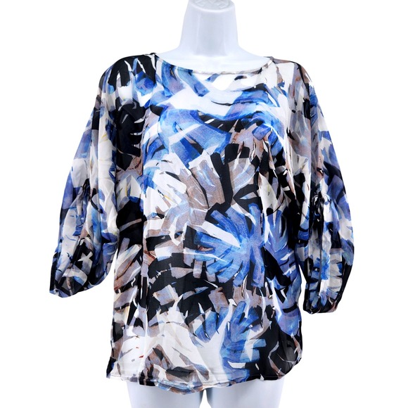 Robert Graham Silk Blouse Womens XS Abstract Print Blue Sheer Balloon Sleeve Top - Picture 1 of 11